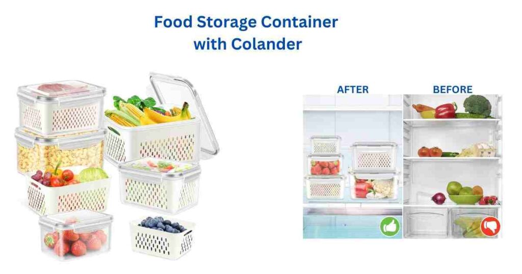 Snazzy 5 PCS Fridge Food Storage Container with Colander, Plastic Fresh Produce Saver Keeper for Vegetable Fruit Berry Salad Lettuce Meat Fish, BPA Free Kitchen Refrigerator Organizer Bins