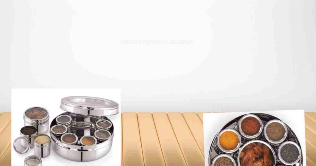 5. ivbox® Big-Smart 9-in-1 Stainless Steel Masala Box Dani dabba Spice Organiser for Kitchen With See-Through Lid and 9 Containers with Spoon, Silver