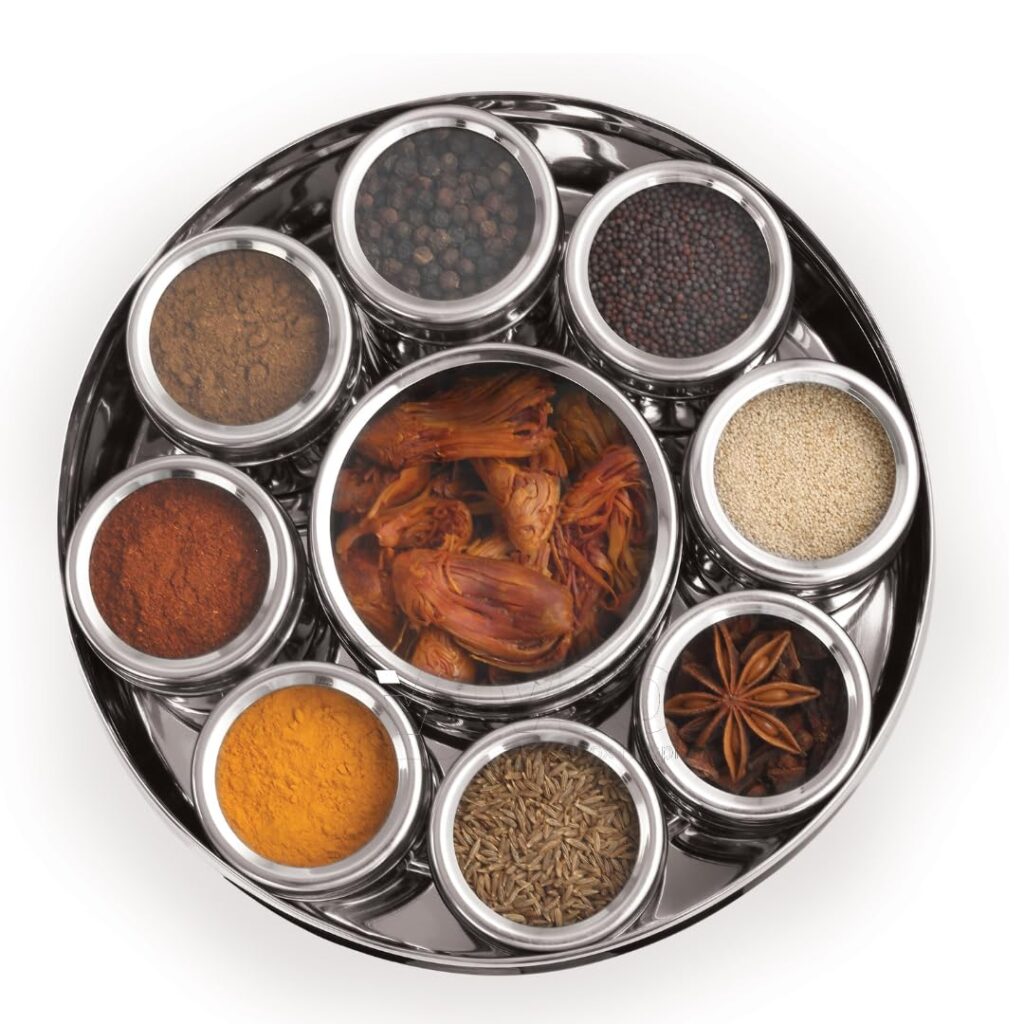 ivbox® Big-Smart 9-in-1 Stainless Steel Masala Box Dani dabba Spice Organiser for Kitchen With See-Through Lid and 9 Containers with Spoon, Silver