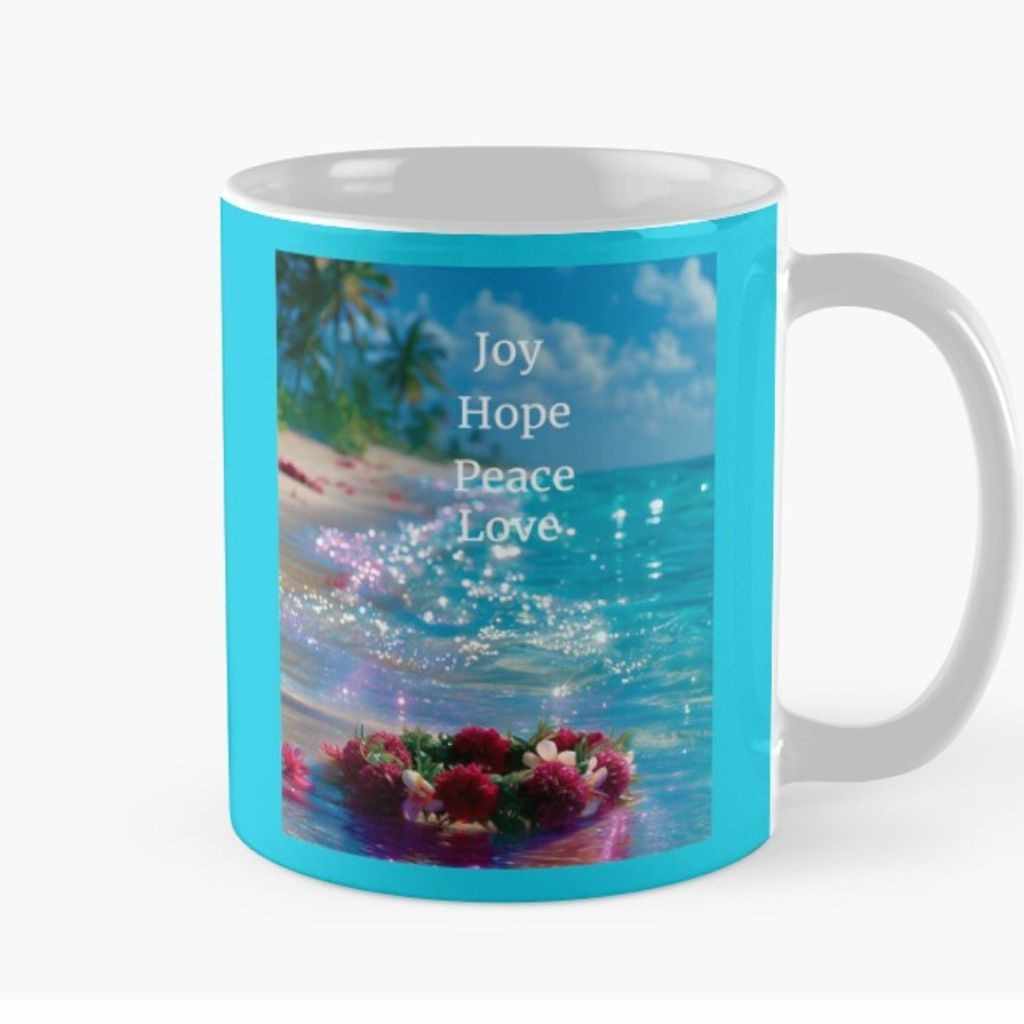 glittery ocean joy hope peace love attract positivity mug